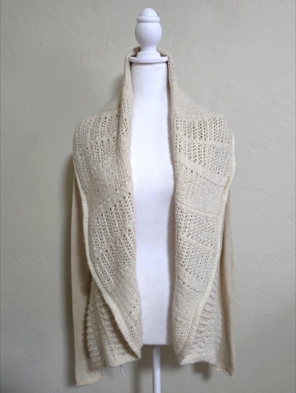 Lovestitch Cream Mixed Textured Knit Open-Front Draped Cardigan, L, Boho Coastal